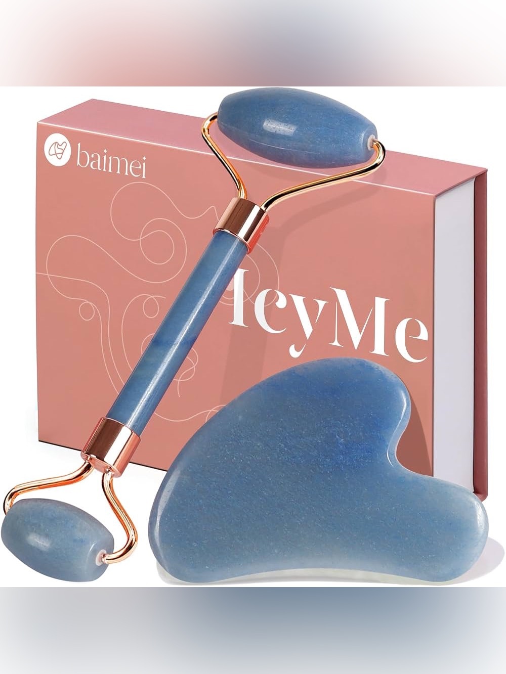 BAIMEI IcyMe Gua Sha & Jade Face Roller Set Facial Beauty Skin Care Tools - Blue